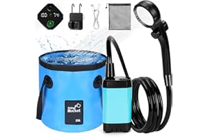 ALIESTFDNO Portable Shower for Camping with 20L / 5.28 Gallons Foldable Bucket, 7800mAh Rechargeable Shower Pump, Outdoor Shower Kit with Digital Display for Hiking, Travel, Car, Pet
