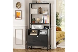 Homieasy File Cabinet with Charging Station, Vertical Filing Cabinet with Lock & Large Drawer, Printer Stand with Storage Shelves, Office Storage Cabinet fits Letter/A4/Legal Size, Black