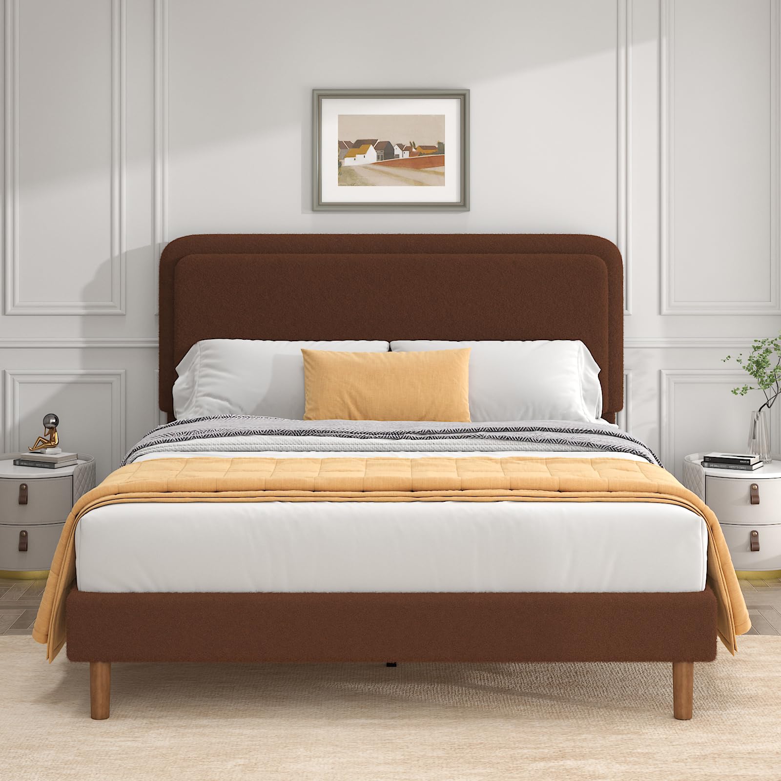 Photo 1 of Mxhtcewz Queen Size Boucle Upholstered Cloud Platform Bed Frame with Adjustable Headboard, Solid Wooden Legs, Easy Assembly, No Box Spring Needed, Brown