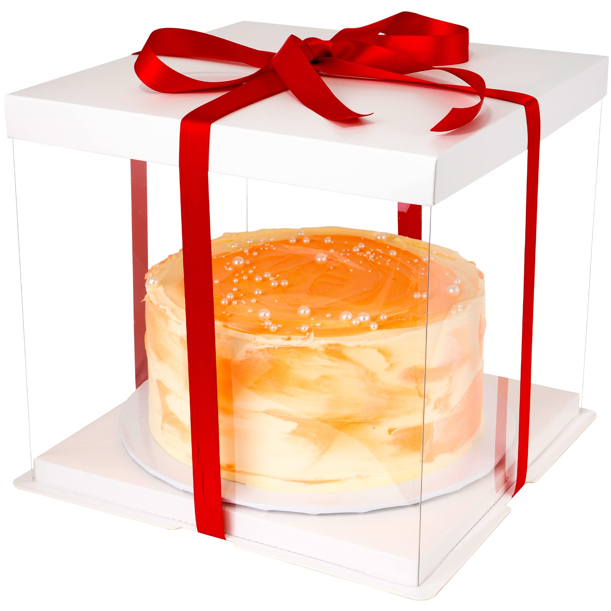 Photo 1 of 10 Inch Clear Cake Box for 10 Inch Tall Cakes (3 Pack) + White CakeBoards (6 Pack) + Red Ribbon | Sturdy Beautiful Cake Carrier & Gift Box