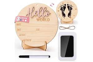 GIFTACITY Hello World Announcement Sign for Girl: Wooden Pink Baby Newborn Signs for Hospital with Footprint - Round Baby Birth Board for Welcome New Girl