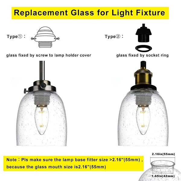 4 PACK CLEAR SEEDED GLASS REPLACEMENT SHADES COVERS FOR CEILING FAN LIGHT FIXTURES PENDANT LIGHTING CHANDELIER VANITY LIGHT KITCHEN ISLAND LIGHT, 2-1/8″ FITTER, 5.47″ HIGH, 4.76″ DIAMETER