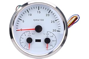 Generic Tachometer Water Pressure Pressure Temp Manograph, 3 in 1 Electric Tachometer 0 to 10bar Dc 9 to 32V for Truck (White