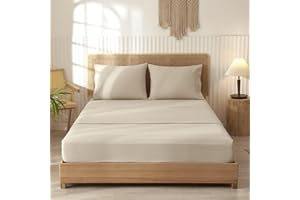 LIFETOWN 100% Washed Cotton 4 Pieces Sheet Set Linen Feel Natural Wrinkle Breathable Lightweight (King, Linen)