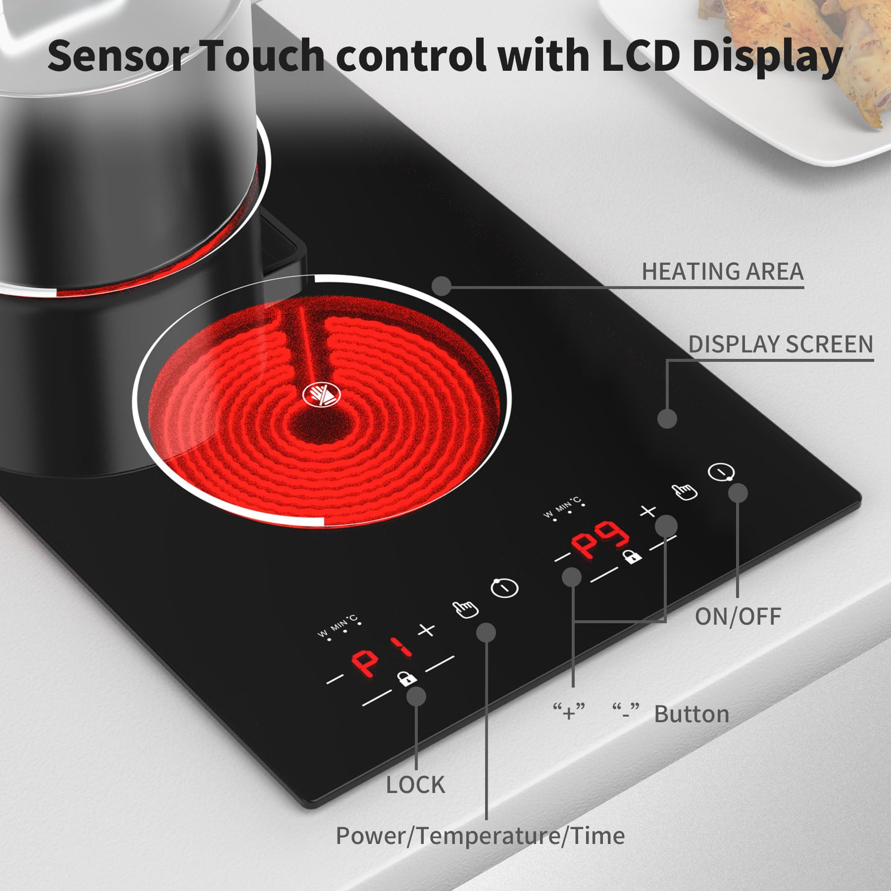 VBGK Electric Cooktop,12 Inch Built-in Radiant Electric Stove Top,110V 2100W 2 burner cooktop With 9 Heating Level, Timer & Kid Safety Lock, Sensor Touch Control 2 burner Induction Cooktop