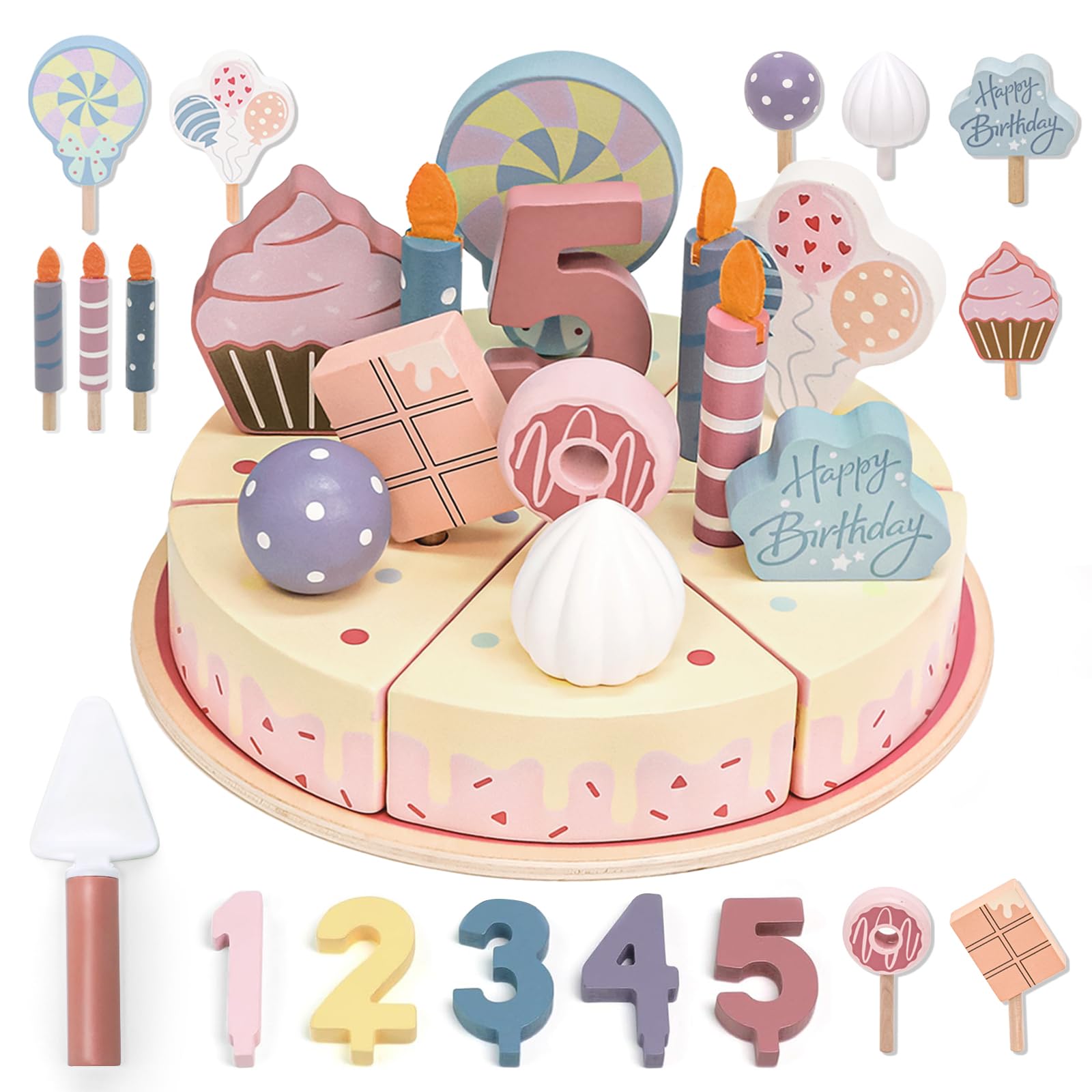 Masonbaby Wooden Birthday Cake Toy Pretend Play Food Set,Fake Cake with Candles and Numbers,Play Kitchen Accessories Wooden Cutting Food Birthday Gifts Boys Girls Educational Toys for Toddlers 3+