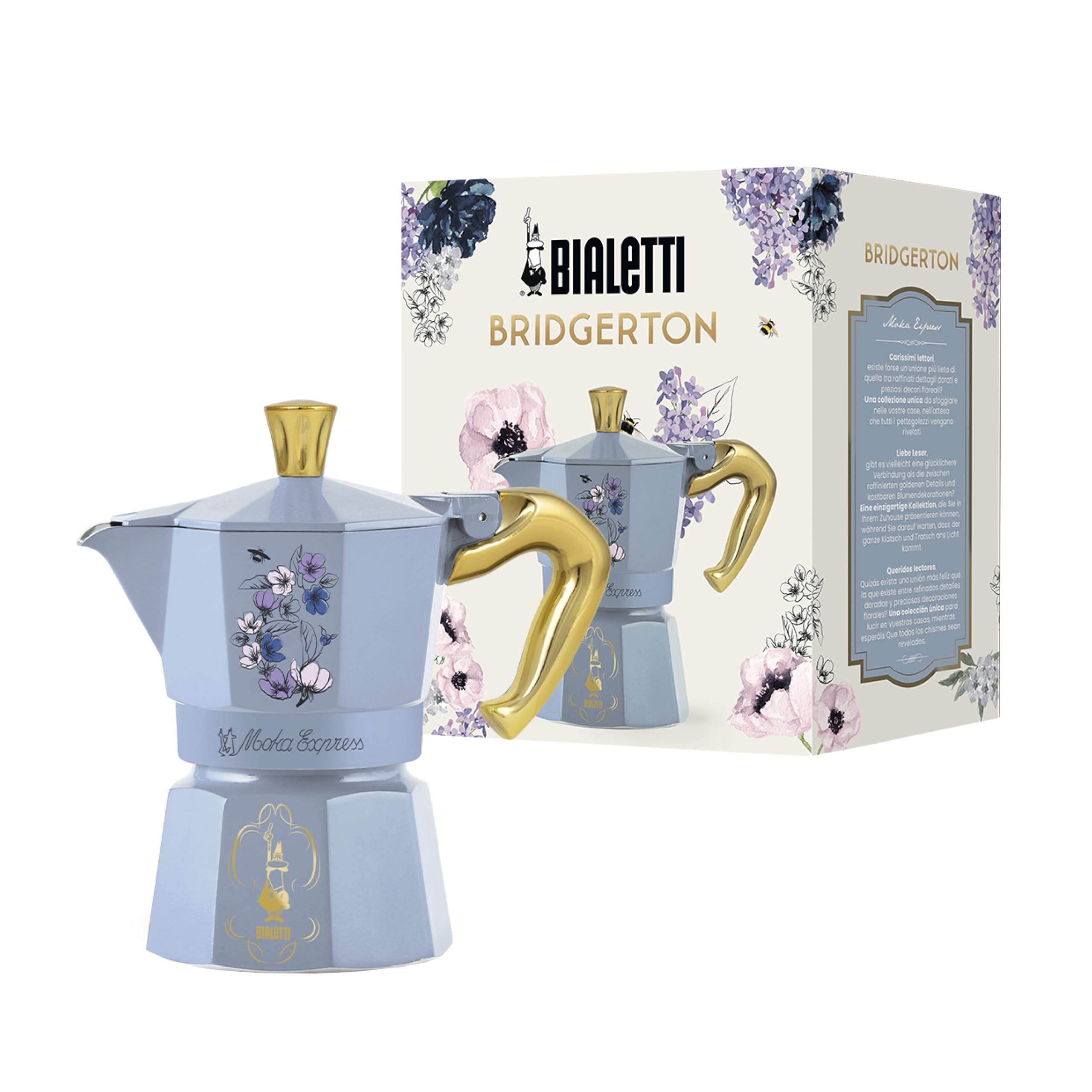 Bialetti Moka Express Bridgerton 3 Tassen, Griff mit Verbrühschutz, nicht für Induktion geeignet, 3 Tassen (130 ml), Aluminium, Himmelblau