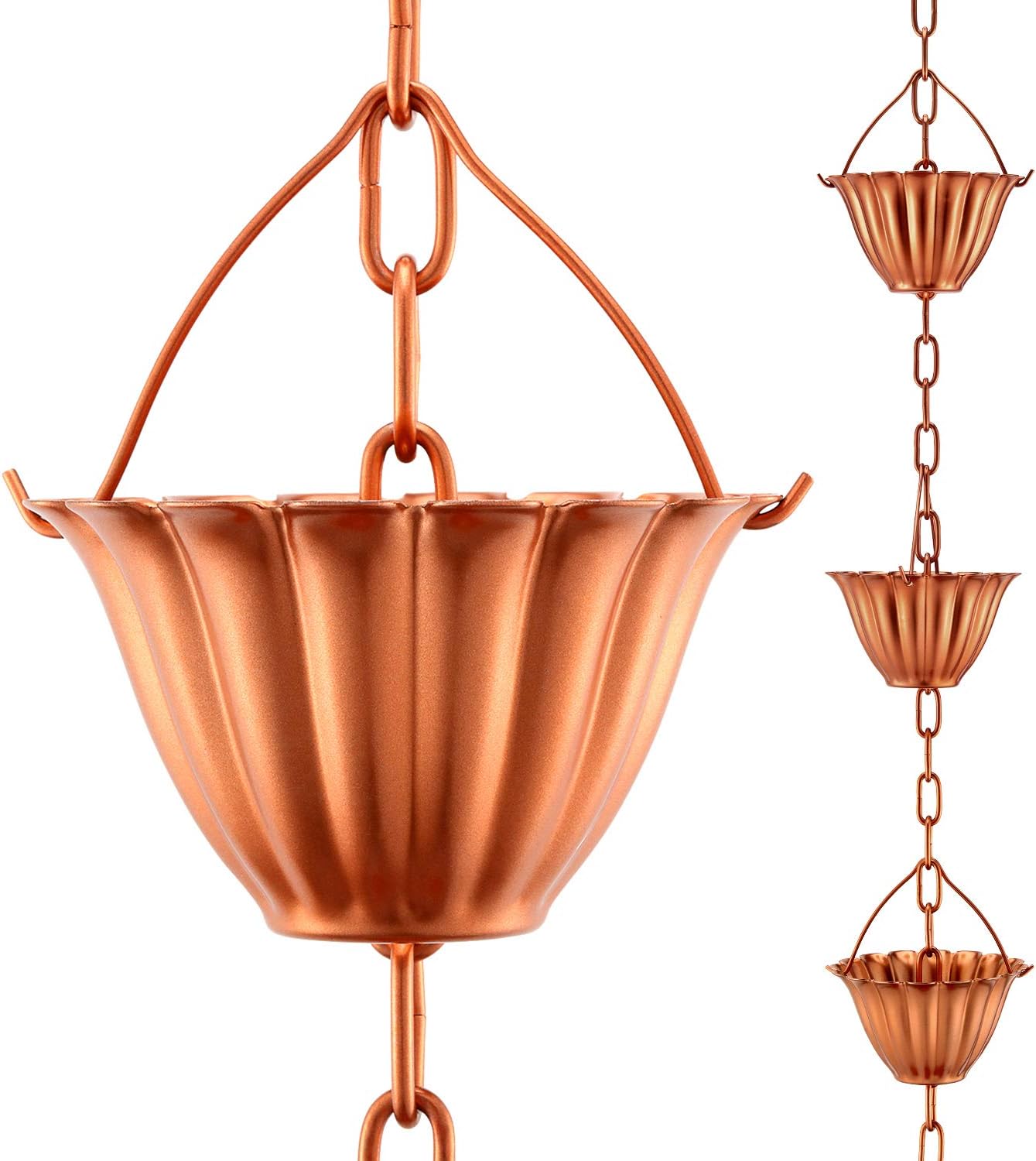 OAK LEAF Rain Chain Set, 8.5ft Copper Plated Rain Chain for Gutters with Adapter, Lotus Rain Chain Cups to Replace Gutter Downspout, Divert Water and Home Display, 12 Cups, Adjustable, Rose Gold