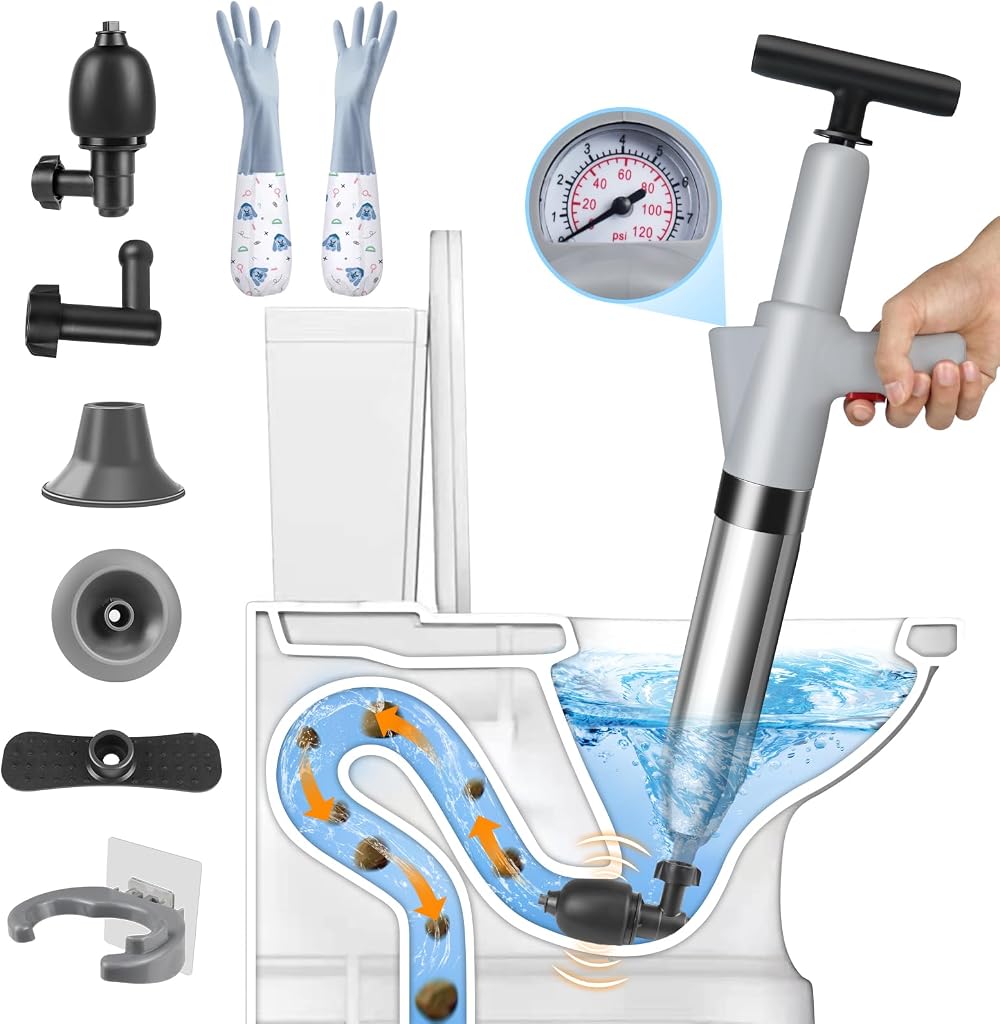 inShareplus Toilet Plunger High Pressure Unblocker with 4 Heads & Gloves