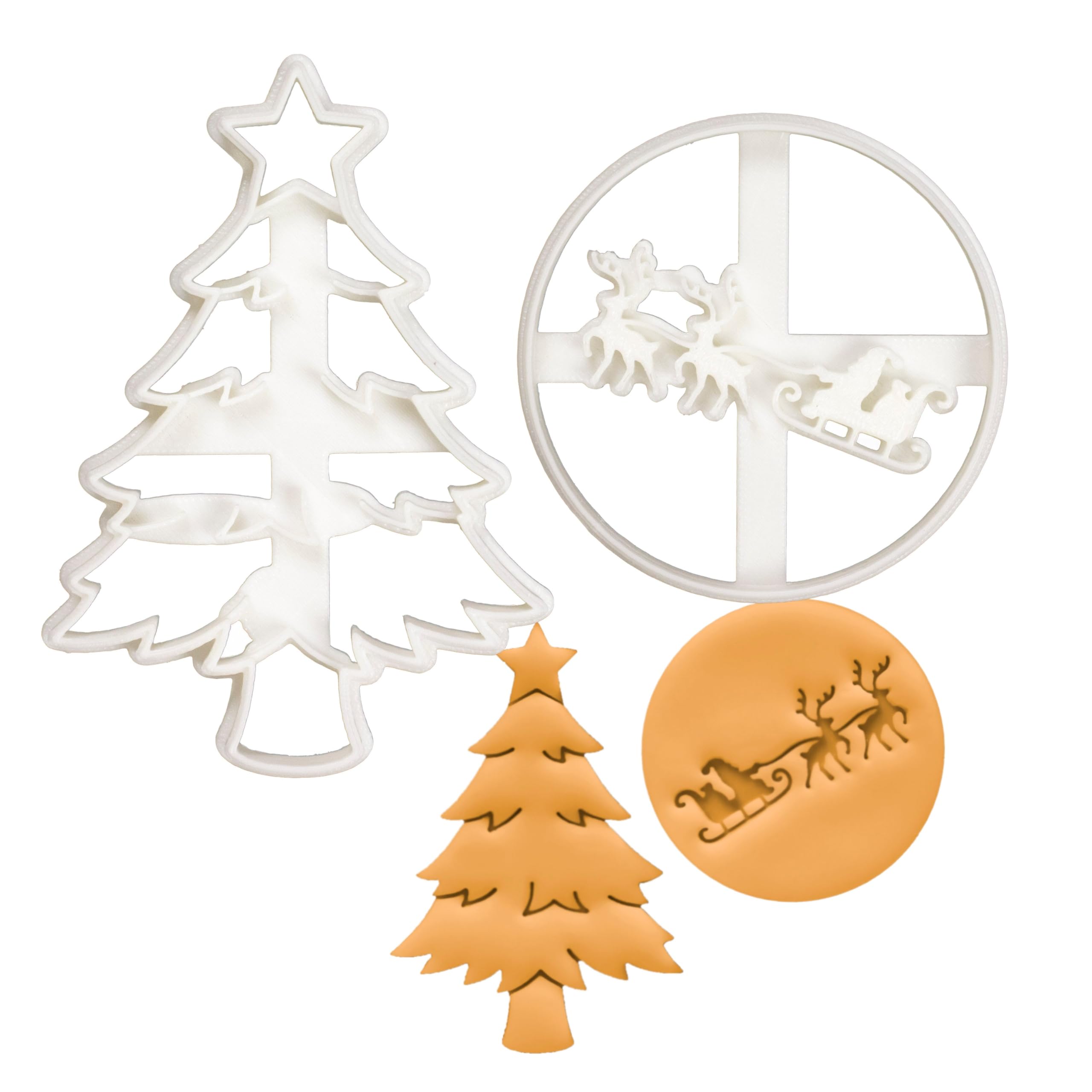 BAKERLOGY Set of 2 Christmas Cookie Cutters (Designs: Christmas Tree and Santa Claus with Reindeer) - Detailed Biscuit Cutter Design for Baking and Crafts, Ideal on Fondant, Dough, Clay