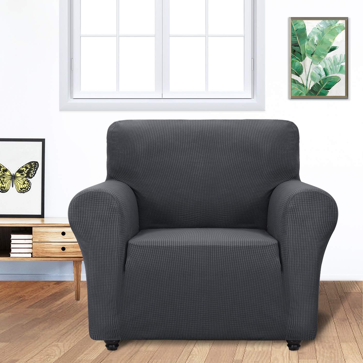 ZNSAYOTX Super Stretch Chair Slipcover Universal Sofa Chair Covers for Living Room Dogs Pet Furniture Protector Spandex Armchair Slipcovers with Anti Slip Foam Sticks (Dark Grey, Chair): Home & Kitchen