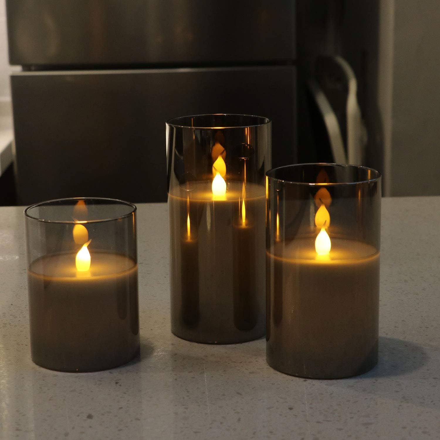 Rhytsing Grey Glass Battery Operated Candle with Remote, Flameless LED Candle Gift Set, Warm White Light, Batteries Included - Set of 3 - Image 5