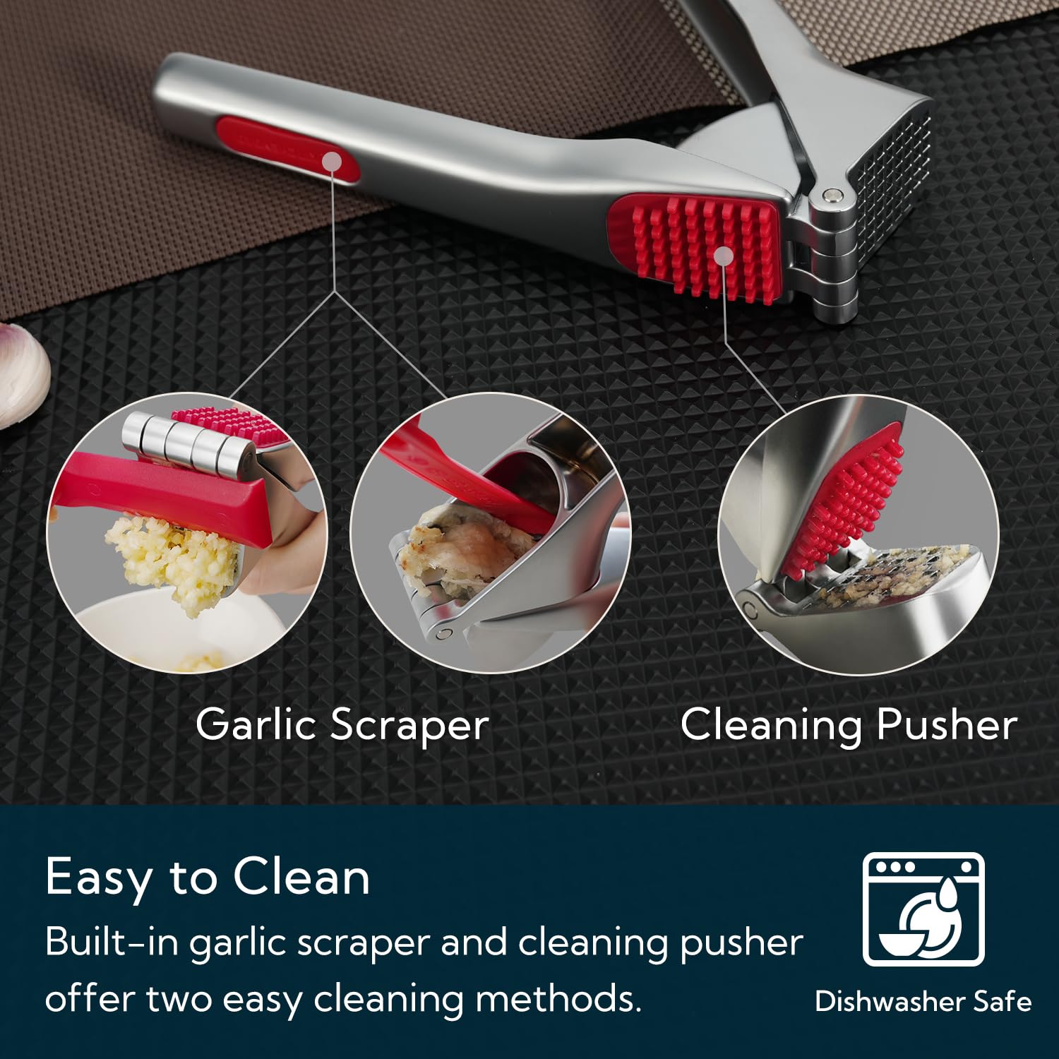 KITCHENDAO Hochleistungs-Knoblauchpresse mit integriertem Schaber und Reinigungsschieber, Knoblauchzerkleinerer aus Zinklegierung, Garlic Press mit großem Behälter (Kein Schälen Nötig) 3
