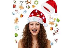 WANGYZJ Light Up Santa Hat, Led Christmas Hat, Santa Hats Adult with 20 Diy Stickers, for Xmas New Year Party