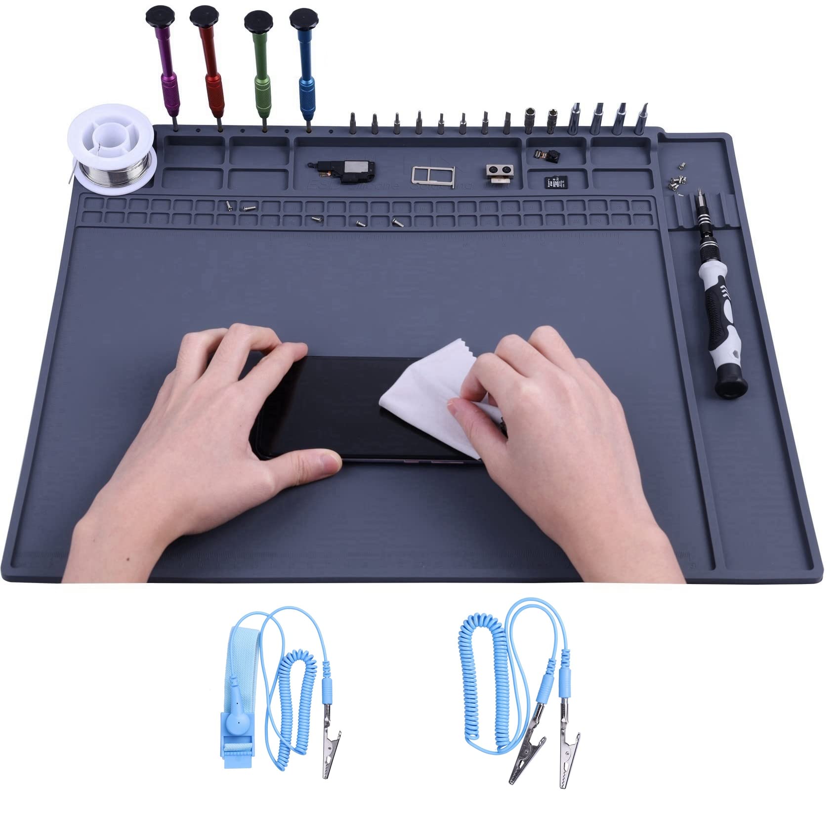 Anti Static Mat ESD Safe for Electronics, HPFIX ESD Mat Soldering Pad Heat Resistant 17.7" x 13.6" Super Large with ESD Wrist Strap and Grounding Cord