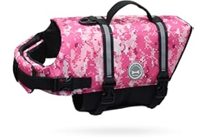 VIVAGLORY Ripstop Dog Life Jacket for Small Medium Large Dogs Boating, Swimming Vest for Dogs with Enhanced Visibility & Buoyancy, Camo Pink