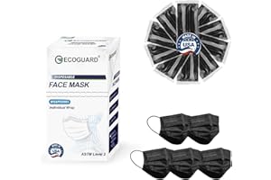EG EcoGuard Disposable Face Masks Made in USA, 4 Ply for Families, Students, Breathable All-Day Wear & Safety, FSA HSA Eligible, ASTM Level 3 Medical Grade, 50 Pack Individual Wrap, Black