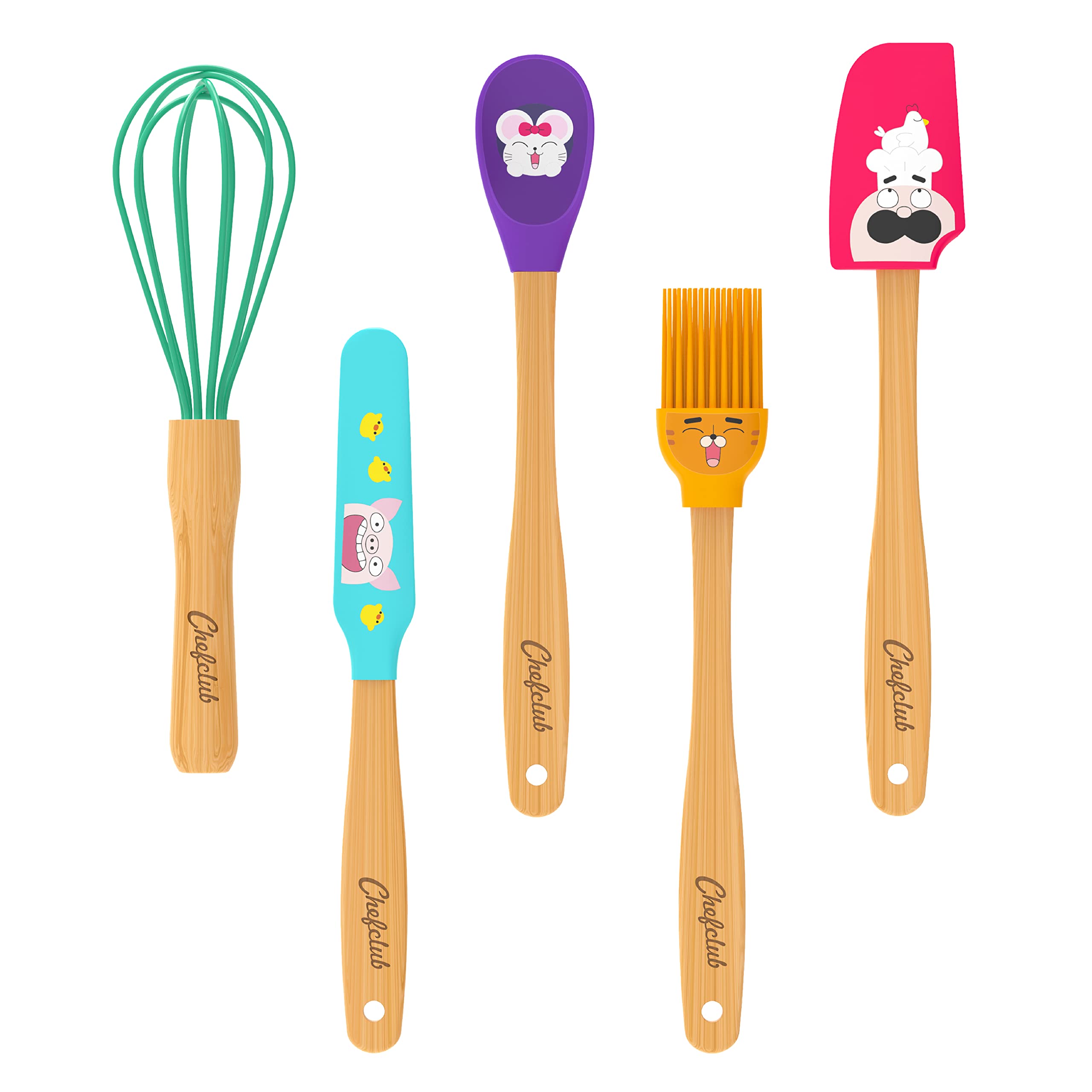 Chefclub Kids - Set of 5 Kitchen Utensils - For Children - Bamboo and Silicone Material