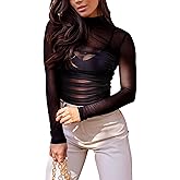REORIA Women’s Mesh Long Sleeve Bodysuits Sexy Sheer Mock Turtleneck Ruched Going Out Tops （No Lining）