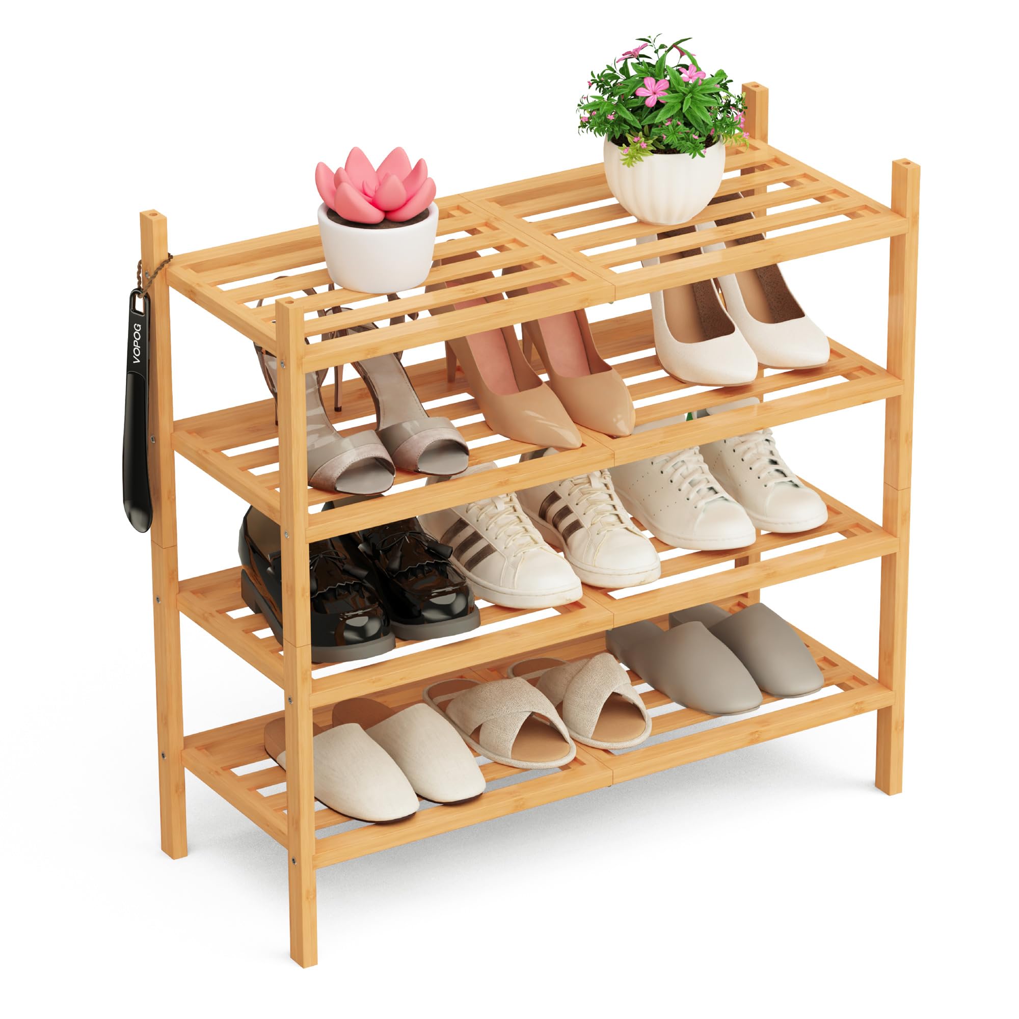Photo 1 of VOPOG 4 Tier Shoe Rack for Front Door Entrance with Shoe Horn, Stackable Bamboo Shoe Shelf Organizer for Entryway, Hallway, Bathroom, and Closet - Natural Upgraded