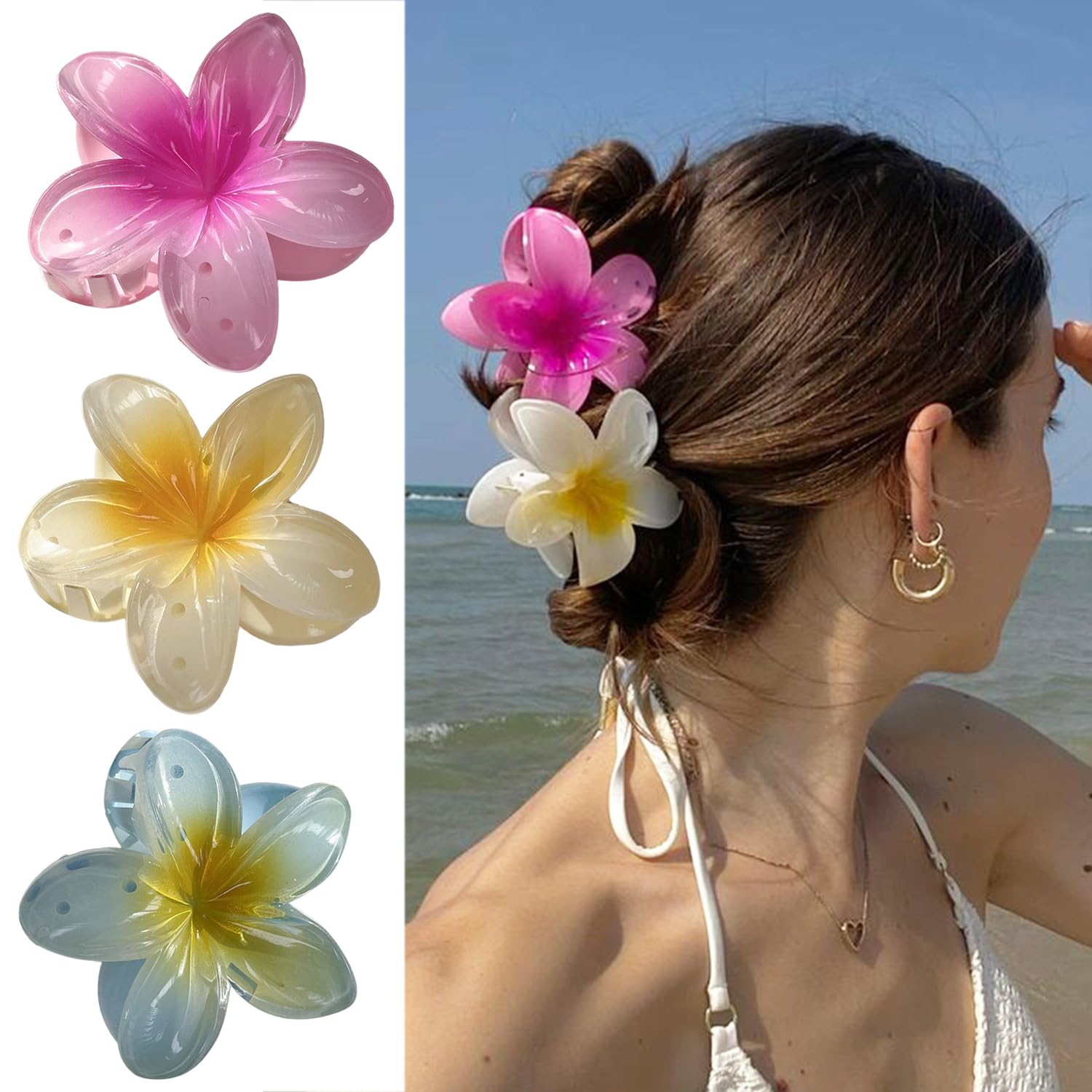 Photo 1 of ***MISSING 1***3Pcs Large Hawaiian Flower Hair Clips Pink Yellow Blue Plumeria Hair Accessories Summer Flowers Hair Claw Clips Hair Barrettes Hawaiian Accessories For Women Thick Hair And Thin Hair Designs