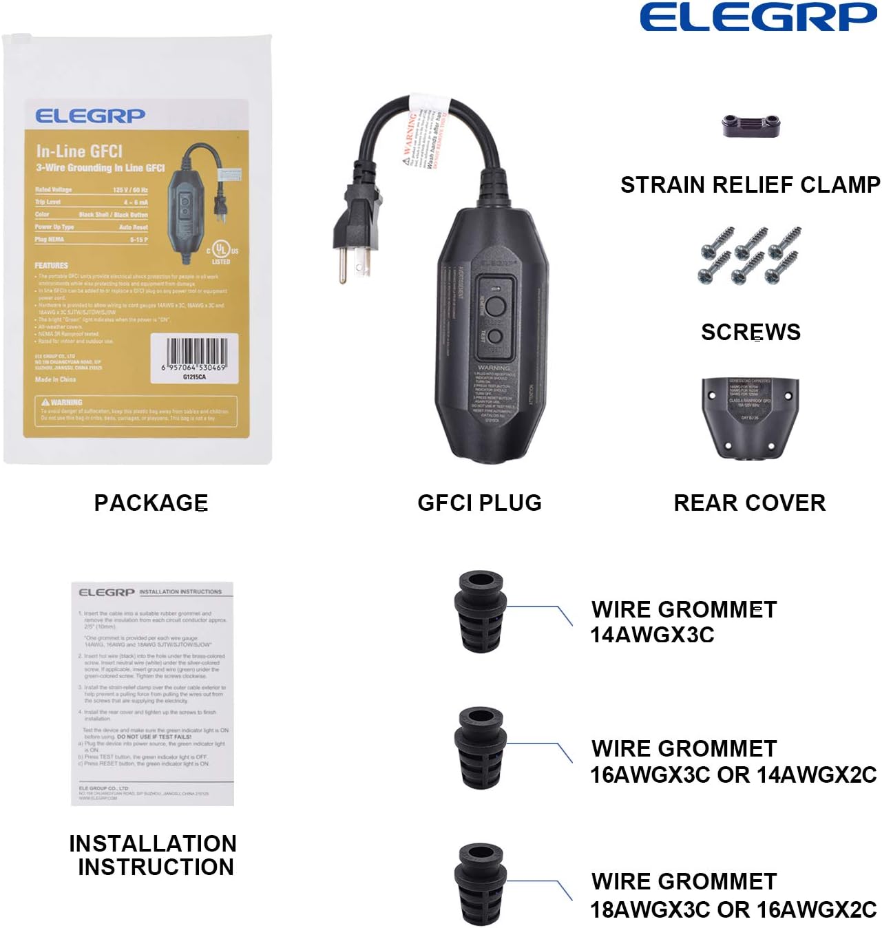 ELEGRP G1215CA Auto Reset Inline GFCI Replacement Plug Assembly 15 Amp 3 Wires 3-Prongs NEMA 5-15P Grounding for Power Pressure Washer, Pool Pump and More, UL Listed (1 Pack, Black) - - 