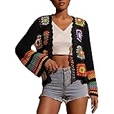 Sdipipo Womens Vintage Crochet Granny Square Cardigan Floral Knitted Y2K Retro Long Sleeve Open Front Boho Chic Sweater