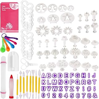 Familybox Backen Fondant Set, 99 TLG Fondant Ausstecher Set Ausstechformen für Buchstaben Zahlen, Rose Blume Formen Set für Torten Deko