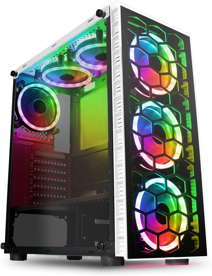 CiT Raider PC Gaming Case ATX Mid-Tower White 6 Halo Spectrum RGB Fans Tempered