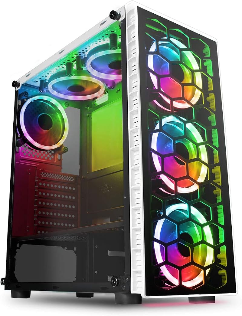 CiT Raider PC Gaming Case ATX Mid-Tower White 6 Halo Spectrum RGB Fans Tempered