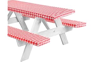 LINPRO 8ft Fitted Picnic Table Cover with Bench Covers. Outdoor Picnic Tablecloth Waterproof, Reusable Camping, RV Accessories and Travel Essentials. Red Checkered Vinyl Tablecloth with Elastic Edges
