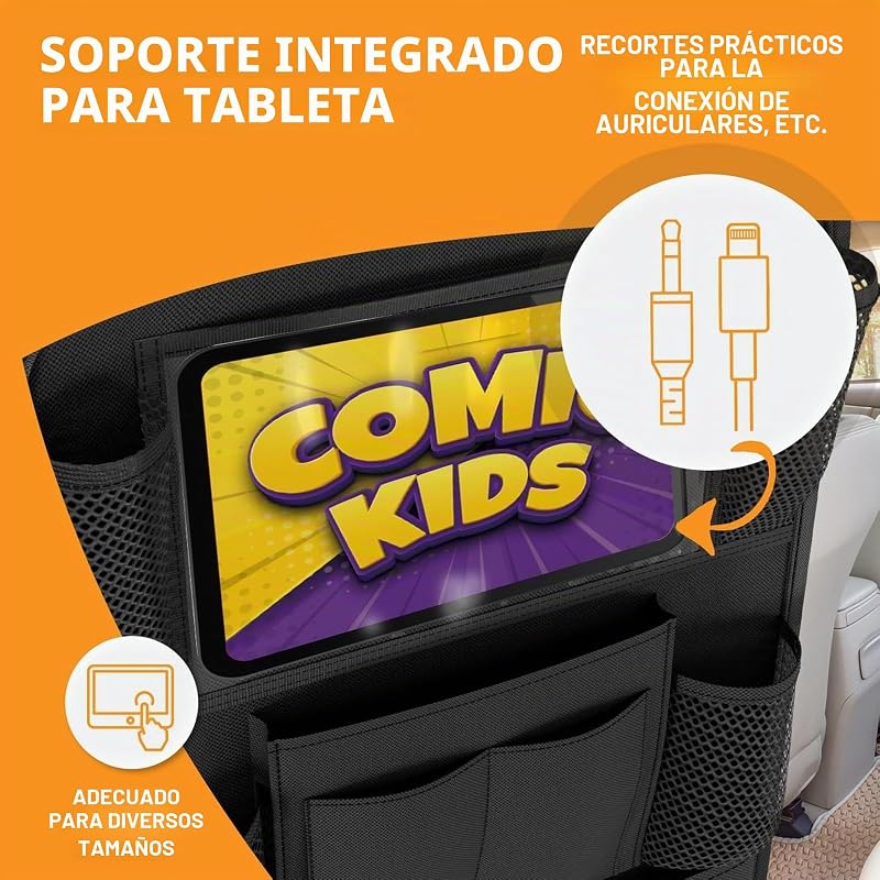 Protector Asiento Coche Organizador Multi-Bolsillos de Gran Capacidad con Almacenamiento para Tablet, Juguetes, Libros y Vasos, Oxford Impermeable para Niños, Negro SURFOU