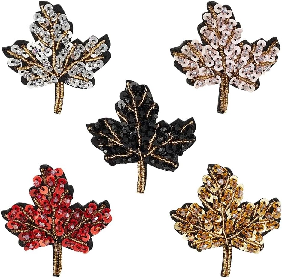 FINGERINSPIRE 5Pcs Maple Leaf Beaded Applique Patches 5 Colors Maple Leaf Glass Beaded Patches with Paillettes Sew on Maple Leaf Sequins Cloth Patches for Dresses Clothes Costume Ornament Accessories