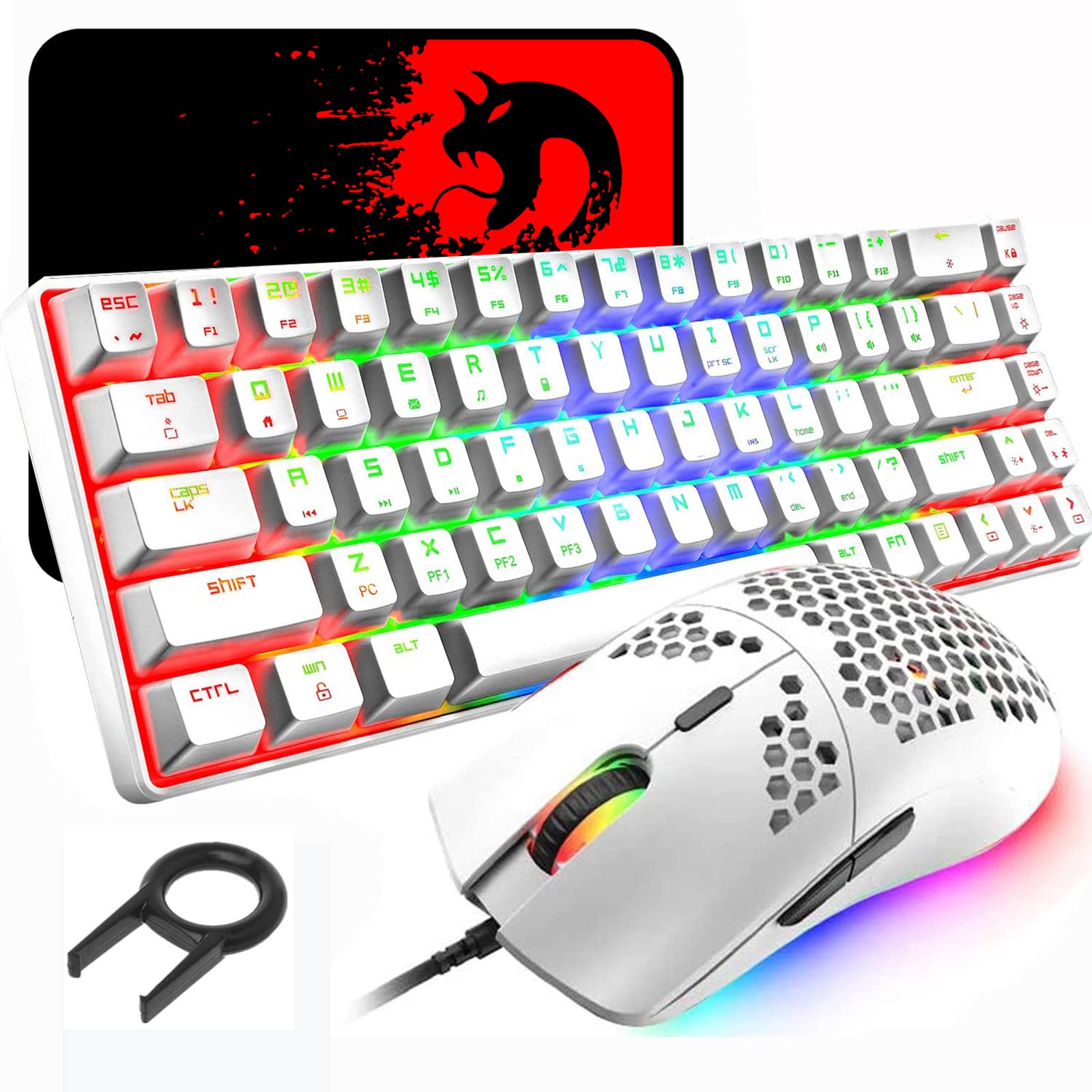 60% Mechanical Mini 68 Key RGB Backlit Wired USB C Gaming Keyboard + Lightweight Rainbow Backlight 6400 DPI Honeycomb Mouse + Mouse Pad Compatible With PS4,PS5,Xbox,PC,Laptop,MAC - White/Blue Switch