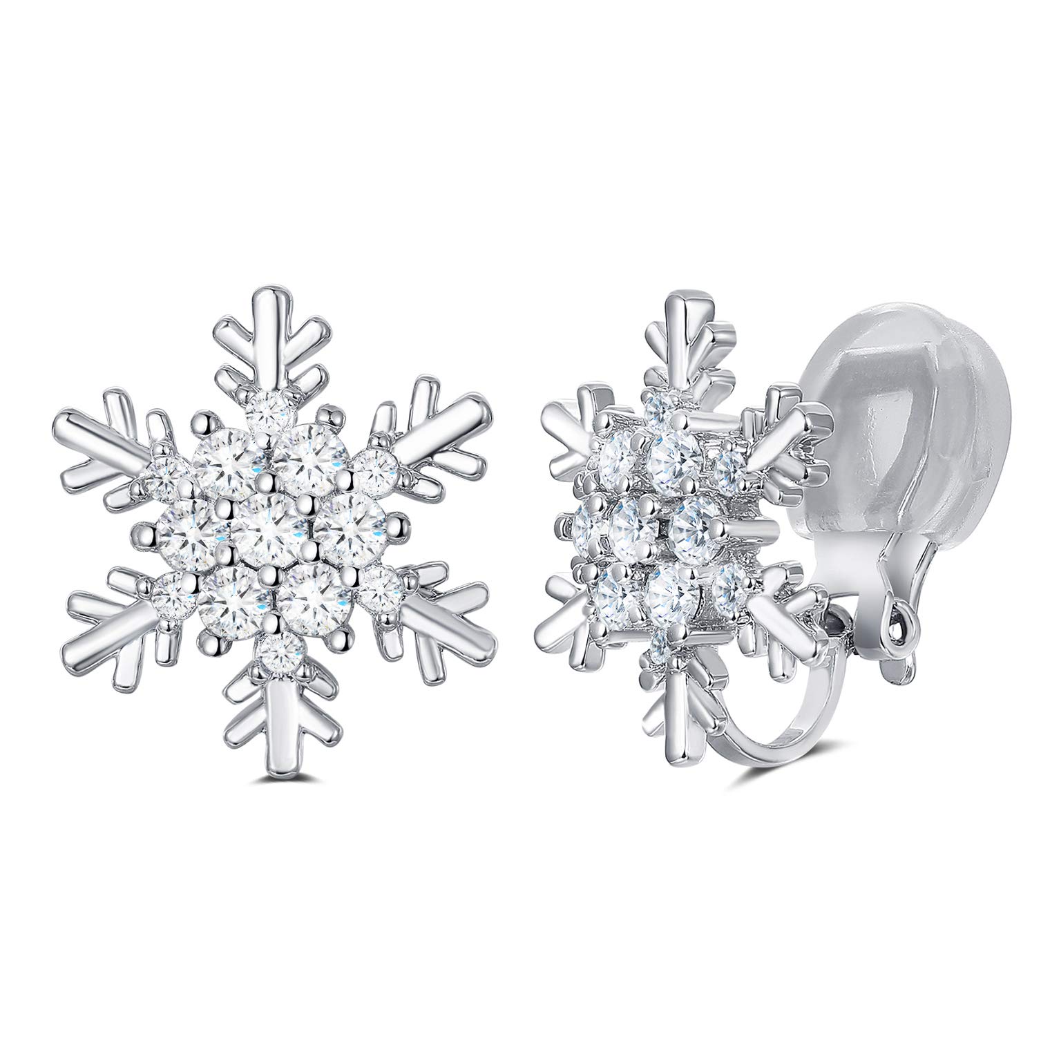HAISWET Winter Snowflake Clear Prong Zircon Statement Stud Clip Earrings Silver Tone