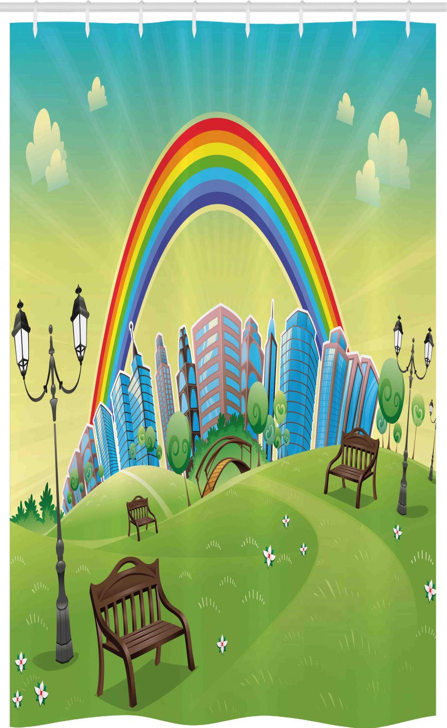 ABAKUHAUS Colorful Stall Shower Curtain, Rainbow Beams Flowers, Fabric Bathroom Decor Set with Hooks, 47" x 70", Multicolor — image 1