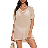 Tournesol Women's Sheer Swimsuit Cover Up Short Sleeve Side Slit Tie Coverup V Neck Bathing Suit Beach Dress