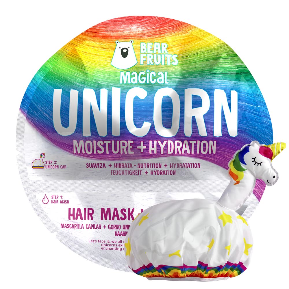Bear Fruits Unicorn Hair Mask & Reusable Shower Cap, Stocking Filler, Secret Santa Gift for Women, For Dry, Damaged Hair, 20ml, Gifts for Women/Teens