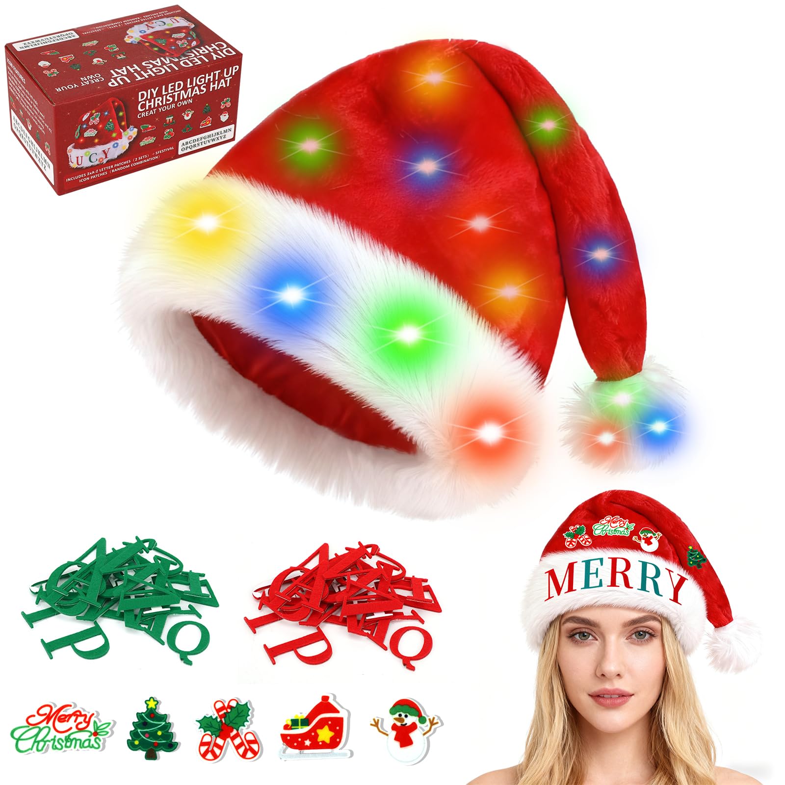 Beipegin DIY Light up Santa Hat for Adults LED Lights Flashing Christmas Hats with A-Z Letter Feastival Patches Novelty Xmas Hat -Battery Not Included
