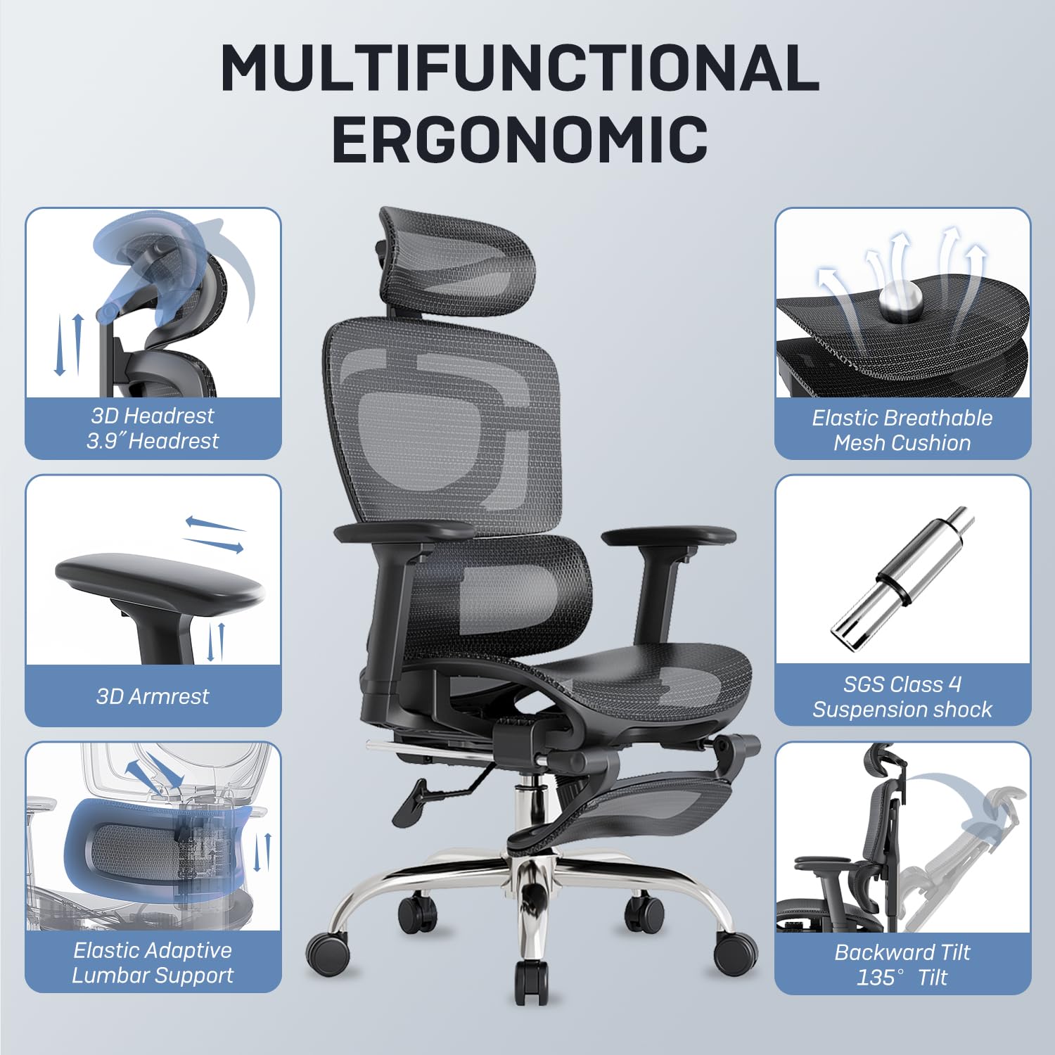 Ergonomic Office Chair, Breathable Mesh with Adaptive Lumbar Support, 3D Headrest, Armrests, Retractable Footrest, and a Six-Position Adjustable Backrest, Black - Image 3