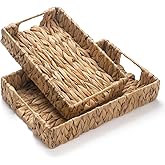 2 Pack Water Hyacinth Tray with Handles, Rectangular Wicker Serving Tray, Woven Serving Basket for Coffee Table, Bathroom, Living Room, Kitchen