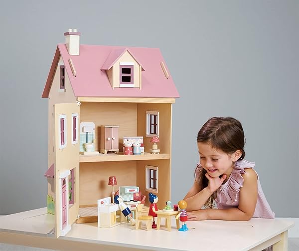 TENDER LEAF TOYS – FOXTAIL VILLA – BEAUTIFUL MID-SIZED WOODEN TOWN-STYLE DOLL HOUSE WITH STARTER FURNITURE SET – MINIATURE PLAY – ENCOURAGES ROLE-PLAY AND STORY INVENTION IN BOYS AND GIRLS – AGE 3+