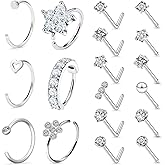 Boernfnso 20G Nose Rings Hoop Stud for Women Men - Surgical Steel Piercing Jewelry Set With Paved CZ Flower, L Shaped Studs