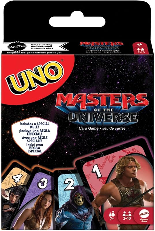 Jogo de Cartas UNO Masters of The Universe com baralho temático de filmes para crianças, Noites em Família, Festas, Viagens e Campismo, 2-10 Jogadores, +7 anos, JMF11