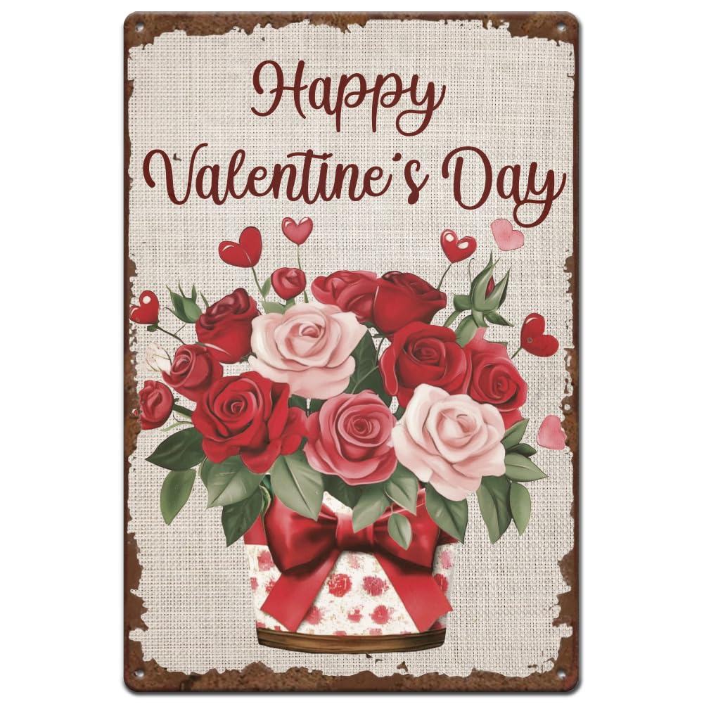 SUPERDANT Happy Valentine's Day Tin Sign Rose Gift Metal Tin Sign Heart Shape Vintage Metal Signs Flower Signs and Plaques for Bedroom Living Room Valentine's Day Man Cave Wall Decoration