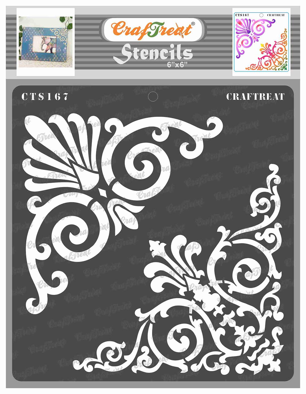 CrafTreat Reusable Ornate Stencils for Painting on Wood, Canvas, Paper, Fabric, Floor, Wall and Tile - Ornate Corners - 6x6 Inch - DIY Art and Craft Stencils - Corner Art Stencils