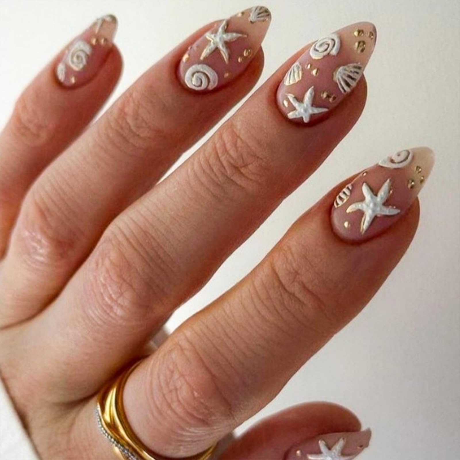 Summer Press on Nails Almond Beach Fake Nails 3D Ocean Acrylic Nails White Sea Shell Starfish Artificial Nails Medium Length False Nails Glue on Nails for Women Girls Manicure 24Pcs
