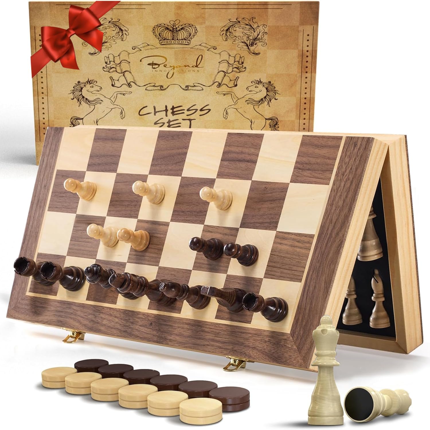 Photo 1 of Wooden Magnetic Chess Set | 15 Inch Foldable Chess Board - 2 Extra Queens - Magnetic Chess Game with Storage Slots | Chess Sets for Adults | Handmade Portable Travel Chess Set for Kids & Beginners