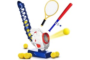 Tecnock 2 in 1 RC Tennis Baseball Pitching Machine - Chargable Tennis Ball Launcher,Automatic Pitcher Play Set with Remote Control Bat+Tennis Racket+10 Balls,Sport Games Training Toys Set for Kids