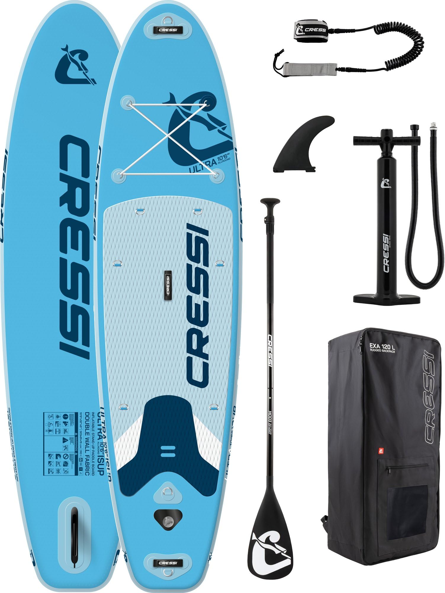 CRESSI seit 1946 - Ultra Isup Set - Aufblasbares SUP Board für Erwachsene Große Stabilität Strapazierfähigkeit Komplett Zubehör Paddel Flosse Pumpe Leine Tasche-Hellblau_320x81x15 cm Max 130 kg